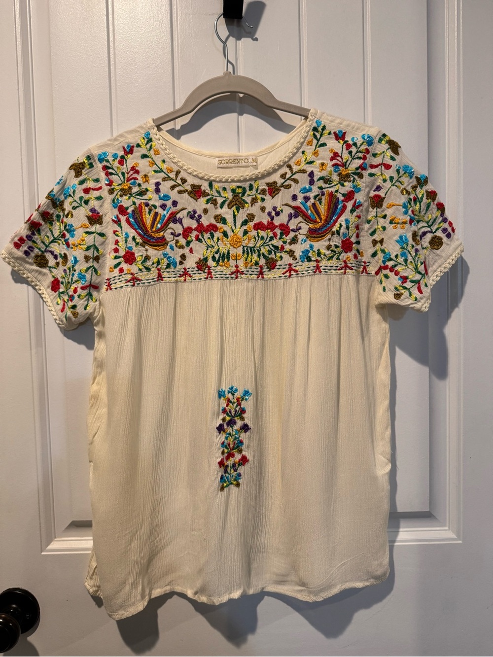 Beautifully Embroidered Cream Boho Short-Sleeve Blouse Medium